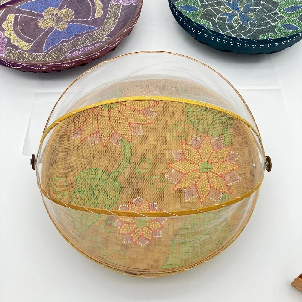 Set of 3 Bamboo Food Serving Tent Basket Hand Painted Boho Picnic Cover Mesh Net